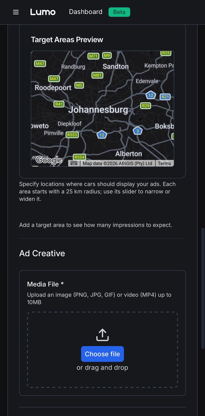 The new-campaign form on a phone: a map of the target areas, and below it a box to upload an image or video.